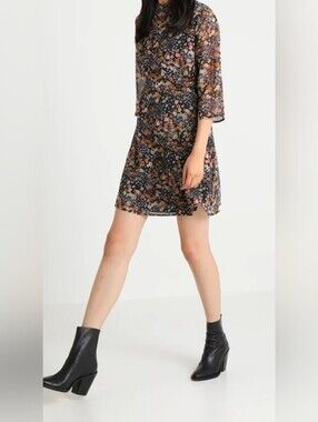 Jacqueline de Yong Floral Mini Dress Size 10 Long Sleeve Mock Neck